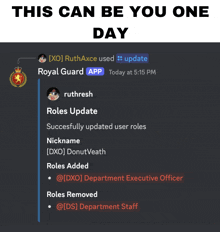 a screenshot of a royal guard app that says " this can be your one day "