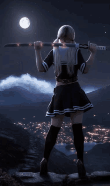 a girl in a sailor outfit holds a sword over her head