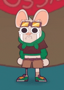 a cartoon rabbit with a prosthetic leg is wearing glasses and a scarf .