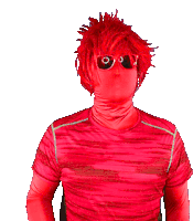 a person wearing a red shirt and sunglasses has a red wig on