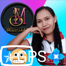 a picture of a woman with a logo for starmaker in the background