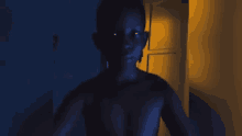 a shirtless boy is standing in a dark room with a yellow door in the background