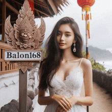 a woman in a white dress stands next to a sign that says balon168