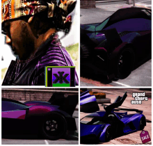 a collage of images including a purple car with a sale tag on it