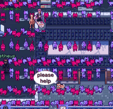 a video game with purple cats and a man asking for help