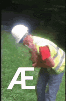 a man wearing a hard hat and safety vest is standing in a field with the letter ae behind him