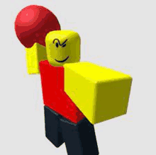 a roblox character is holding a red boxing glove and a yellow block .