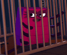 a pink and purple cartoon character is behind bars in a cage