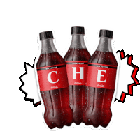 three bottles of coca cola with the letter che on the label