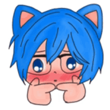 a cartoon character with blue hair and cat ears covering his mouth with his hands