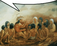 a painting of native americans with a speech bubble