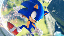 a close up of a cartoon character , sonic the hedgehog , jumping through a glass .