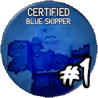 a blue circle with certified blue skipper # 1 written on it