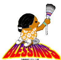 a cartoon drawing of a girl holding a broom with the word blessings behind her