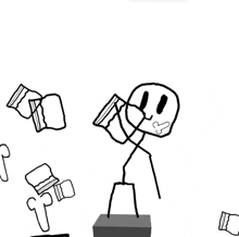 a black and white drawing of a stick figure holding a cup .