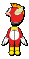 a cartoon character is wearing a red helmet with wings on it