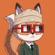 a cartoon of a fox wearing glasses and a hat with the letter d on it