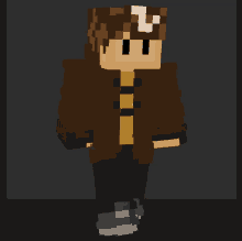 a minecraft character wearing a brown jacket and a hat with a u on it