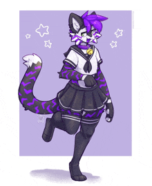 a drawing of a cat with purple hair wearing a skirt and socks