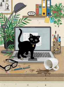 a black cat is standing in front of a laptop with a clock that says 10:45