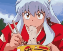 a cartoon character is eating noodles with chopsticks