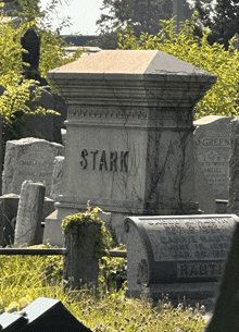 a grave in a cemetery with the name stark written on it