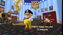 a cartoon character in a room with a sign that says happy new year 2025 on it