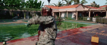 a man in a military uniform stands in front of a swimming pool with a box that says one way