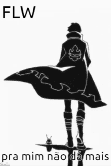 a black and white drawing of a man in a cape with the words flw pra mim nao da mais below him