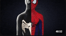 a black and red spiderman costume with the time of 48:52 on the bottom