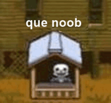 a skeleton is sitting in a dog house with the words `` que noob '' written on it .