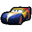 a blue and yellow cartoon car from the movie cars is sitting on a white background .