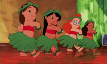 a group of cartoon characters are dancing in hula skirts .