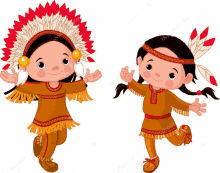 a boy and a girl dressed as native americans are dancing and waving .