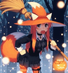 a picture of a fox witch holding a broom and a pumpkin