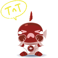 a red robot is crying with a yellow speech bubble that says tat