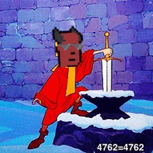 a cartoon character is holding a sword in front of a fountain .