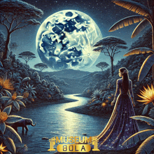 a painting of a woman standing in front of a full moon with a museum bola logo