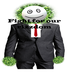 a man in a suit has a smiley face on his head and the words fight for our rizzdom on the bottom