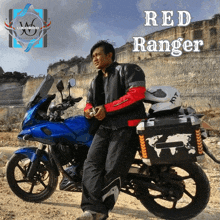 a man leans against a blue motorcycle with the words red ranger written above him