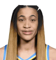 a woman with long hair and a nose ring is wearing a basketball uniform and making a funny face .