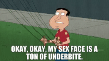 a cartoon character is holding a parachute and says okay okay my sex face is a ton of underbite