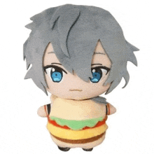 a stuffed animal of a person with gray hair and blue eyes is holding a hamburger .