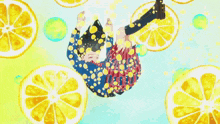 a girl in a school uniform is surrounded by lemon slices and bubbles