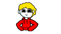 a cartoon drawing of a boy wearing a red hoodie with his hands on his hips