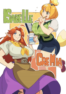 a cartoon drawing of isabelle and cremia standing next to each other