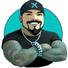 a cartoon of a man with a beard wearing a black hat with an x on it