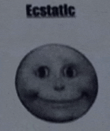 a black and white drawing of a smiley face with the word ecstatic written on it .