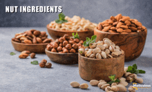 nuts in wooden bowls with the words nut ingredients above