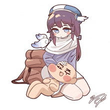 a cartoon drawing of a girl holding a stuffed animal with korean writing on its face